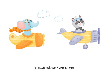 Cute Baby Animals Pilots Set. Funny Elephant, Panda Bear Pilot Characters Flying By Airplane Cartoon Vector Illustration