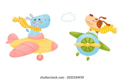 Cute Baby Animals Pilots Set. Funny Hippo, Dog Pilot Characters Flying By Airplane Cartoon Vector Illustration