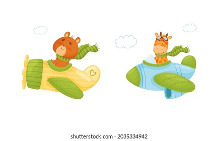 Cute baby animals pilots set. Funny bear, giraffe pilot characters flying by airplane, side view cartoon vector illustration