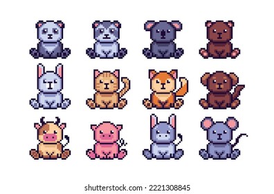 Cute baby animals pixel art set. Domestic and wild species collection. Sitting adorable pets and beasts. 8 bit sprite. Game development, mobile app.  Isolated vector illustration.