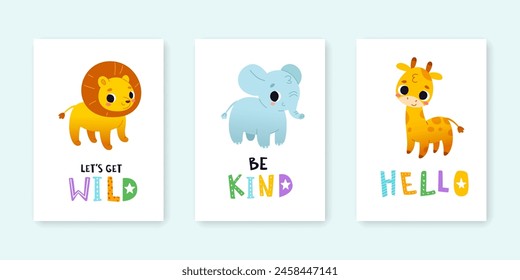 Cute baby animals poster set. Cartoon vector prints collection with african animals.