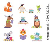 Cute baby animals reading books set. Smart penguin, chipmunk, koala, gopher, frog, bear cartoon vector illustration