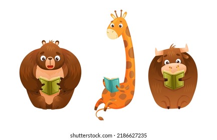 Cute Baby Animals Reading Books Set. Bear, Bull, Giraffe Sitting With Book Cartoon Vector Illustration