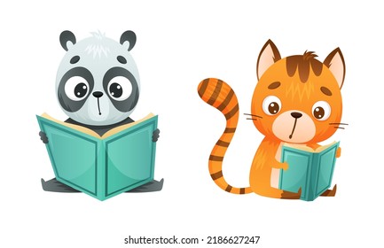 Cute Baby Animals Reading Books Set. Raccoon, Tiger Sitting With Book Cartoon Vector Illustration