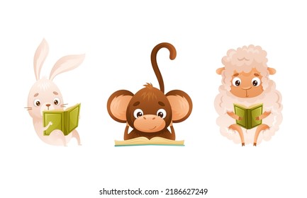 Cute Baby Animals Reading Books Set. Rabbit, Monkey, Sheep Sitting With Book Cartoon Vector Illustration