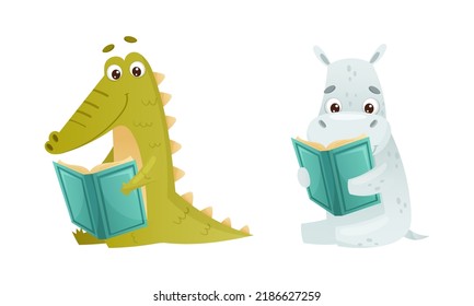 Cute baby animals reading books set. Crocodile, hippo sitting with book cartoon vector illustration