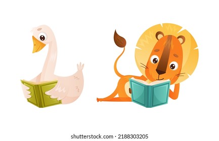 Cute Baby Animals Reading Books Set. Lion, Gosling Sitting With Book Cartoon Vector Illustration