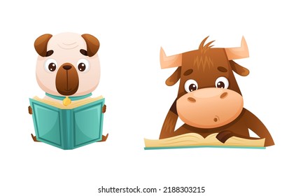 Cute Baby Animals Reading Books Set. Bear, Calf Sitting With Book Cartoon Vector Illustration