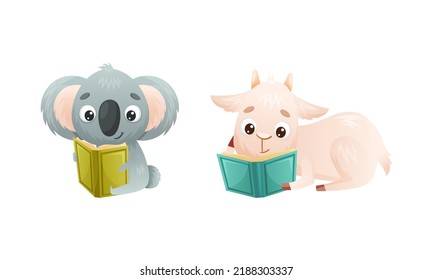 Cute Baby Animals Reading Books Set. Goatling And Koala Bear Sitting With Book Cartoon Vector Illustration