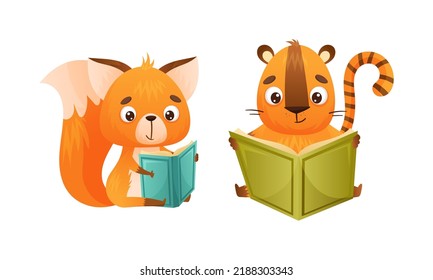 Cute baby animals reading books set. Squirrel, tiger sitting with book cartoon vector illustration