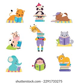 Cute baby animals reading books set. Smart hedgehog, cow, giraffe, raccoon, chipmunk sitting with books cartoon vector illustration