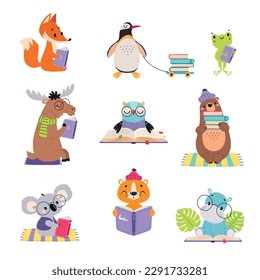 Cute baby animals reading books set. Smart penguin, chipmunk, koala, gopher, frog, bear cartoon vector illustration