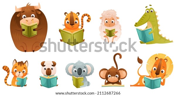 Cute Baby Animals Reading Books Set Stock Vector (Royalty Free ...