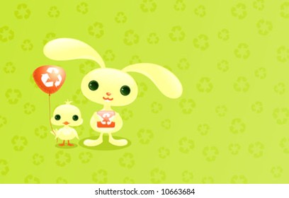 Cute baby animals. Recycling symbol card.