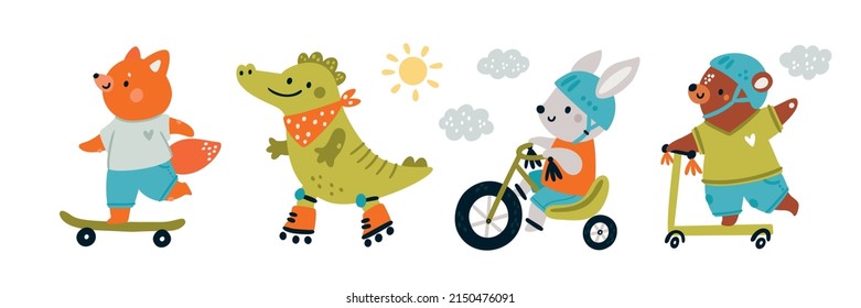 Cute Baby Animals Ride Roller Skate, Scooter, Bicycle, Skateboard. Сartoon Cubs Have Fun In The Summer. Milestone Clipart. Summer Activity Sportive Animals Illustration. Fox, Bear, Bunny, Crocodile