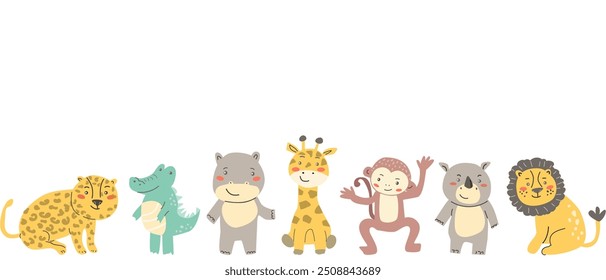 Anuncio lindo del safari de los animales del bebé. Ilustración vectorial. Animales africanos de los niños - león, mono, cocodrilo, rinoceronte, elefante, cebra, leopardo, jirafa para el diseño de la guardería, tarjetas de baby showers.