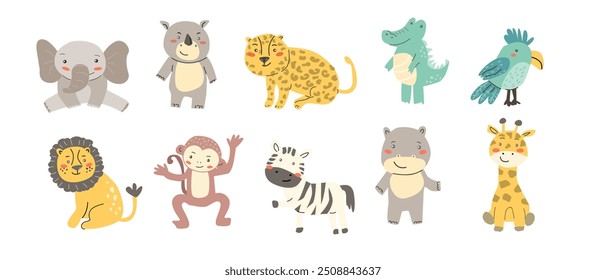 Safári bonito para bebês animais. Ilustração vetorial. Animais africanos de crianças - leão, macaco, crocodilo, rinoceronte, elefante, zebra, leopardo, girafa para design de berçário, cartões de chuveiro de bebê, banners, texti