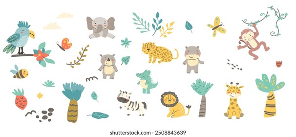 Cute baby animals safari set. Vector illustration. Children's african animals - lion, monkey, crocodile, rhino, elephant, zebra, leopard, giraffe for nursery design, baby showers cards, banners, texti