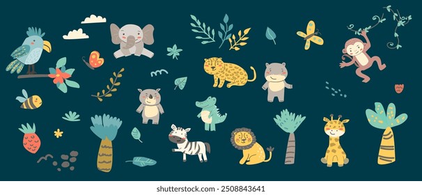 Cute baby animals safari set. Vector illustration. Children's african animals - lion, monkey, crocodile, rhino, elephant, zebra, leopard, giraffe for nursery design, baby showers cards, banners, texti