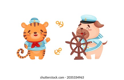 Marineros de animales pequeños. Tigre gracioso, caricatura del capitán del perro ilustración vectorial