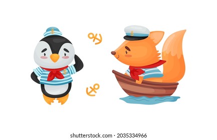 Cute baby animals sailors set. Funny penguin, squirrel captain characters cartoon vector illustration