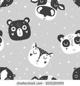 Cute baby animals seamless pattern, nursery isolated illustration for children clothing. Hand drawn monochrome image. Perfect for phone cases design, nursery posters, postcards