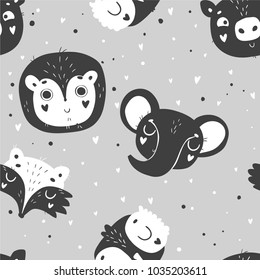 Cute baby animals seamless pattern, nursery isolated illustration for children clothing. Hand drawn monochrome image. Perfect for phone cases design, nursery posters, postcards