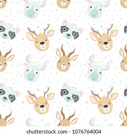 Cute baby animals seamless pattern, nursery isolated illustration for children clothing. Hand drawn boho image Perfect for phone cases design, nursery posters, postcards