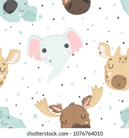 Cute baby animals seamless pattern, nursery isolated illustration for children clothing. Hand drawn boho image Perfect for phone cases design, nursery posters, postcards