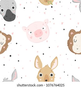 Cute baby animals seamless pattern, nursery isolated illustration for children clothing. Hand drawn boho image Perfect for phone cases design, nursery posters, postcards
