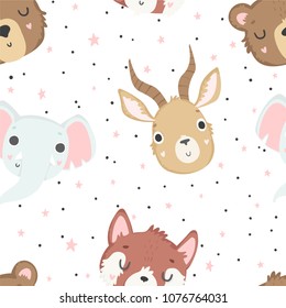 Cute baby animals seamless pattern, nursery isolated illustration for children clothing. Hand drawn boho image Perfect for phone cases design, nursery posters, postcards
