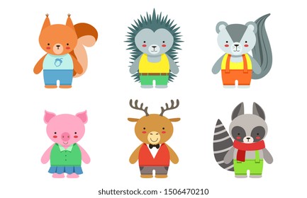 Cute Baby Animals Set, Badger, Fox, Hedgehog, Piglet, Deer, Raccoon Vector Illustration