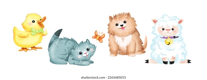 Cute baby animals set. Duck, cat with butterfly, dog and lamb. Adorable pets, fauna and wild life. Playful characters collection. Cartoon flat vector illustrations isolated on white background