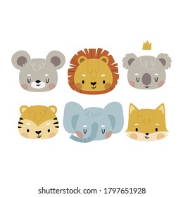 Cute baby animals set. Funny lion, tiger, mouse, elephant, koala and fox for nursery room decor and kids prints. Vector animals set