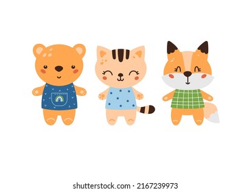 Cute baby animals set including bear fox and cat isolated on white background. Hand drawn characters. Vector illustration.