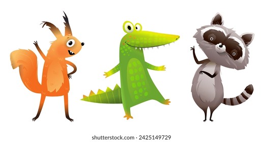 Lindos animales bebés set aislado clipart para niños. Cocodrilo de mapache y ardilla, personajes animales coloridos felices para los niños. Divertido vector ilustración de dibujos animados clipart set.