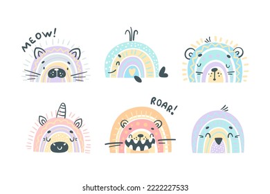 Cute baby animals set. Kitten, whale, lion, unicorn, penguin cartoon vector illustration
