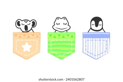 Cute baby animals set in pockets doodle hand drawn illustration. Child t-shirt clothing print design.