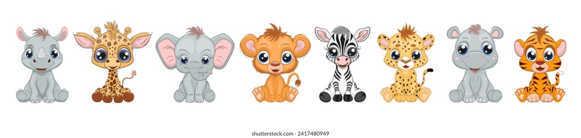 Cute baby animals set. Safari animals vector illustration. Tiger, cheetah, lion, giraffe, zebra, elephant, hippo, rhino, perfect for t-shirt wear fashion print design, greeting card, baby shower