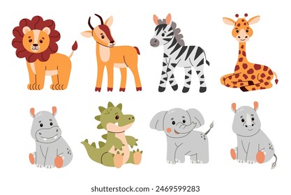 Cute baby animals set. Vector illustration of safari jungle animals including a lion, antelope, hippo, rhinoceros, zebra, crocodile, alligator, elephant, and giraffe.