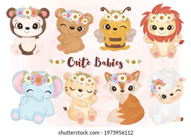 Cute baby animals in set in watercolor illustration