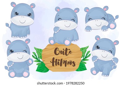 Cute baby animals in set in watercolor illustration