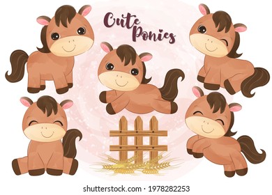 Cute baby animals in set in watercolor illustration