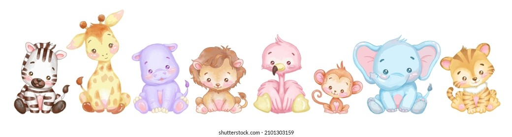 cute baby animals set. zebra, giraffe, hippo, lion, flamingo, monkey, elephant and tiger.