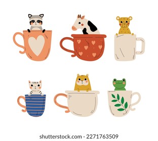 Cute baby animals sitting inside cups set. Adorable raccoon, tiger, leopard, cat, hamster, frog in cup cartoon vector illustration