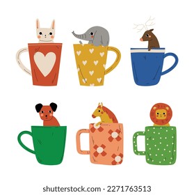 Cute baby animals sitting inside cups set. Adorable bunny, elephant, deer, dog, horse, lion in cup cartoon vector illustration
