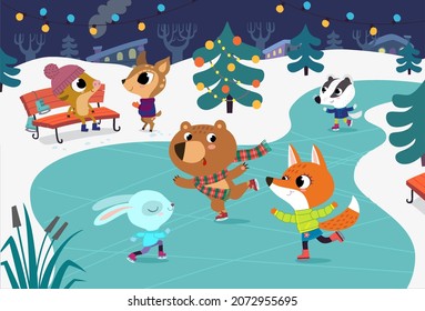 Cute baby animals skate on frozen river. Children have fun in the winter. Little fox, rabbit, badger and bear have fun in the ice rink. Holiday winter background with festive Christmas tree.