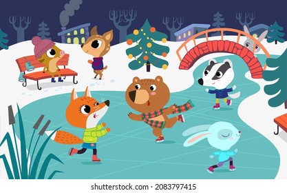 Cute baby animals skate on frozen river. Children have fun in the winter. Little fox, rabbit, badger and bear have fun in the ice rink. Holiday winter background with festive Christmas tree.