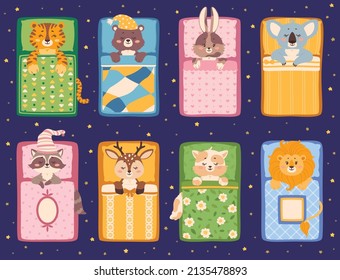 Cute baby animals sleeping in bed, sleepy animal characters. Cartoon bear, cat, bunny, tiger lying under cozy blanket and pillow vector set. Bedtime, sleeping funny raccoon and deer