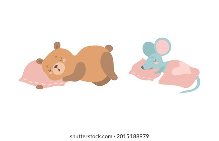 Cute Baby Animals Sleeping in Beds Set, Adorable Bear and Mouse Fell Asleep on Pillows Cartoon Vector Illustration